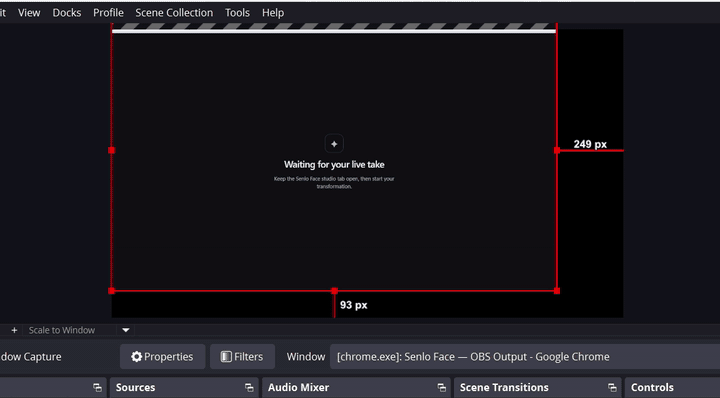 OBS preview: the Senlo Face window capture is selected and its red handles are moved until the output fills the canvas without browser controls.