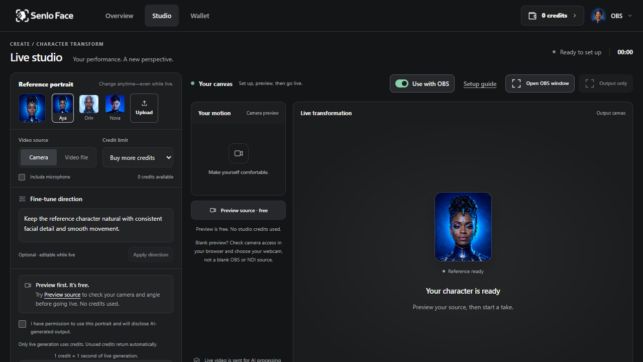 Senlo Face studio with its OBS controls highlighted beside the live output canvas.
